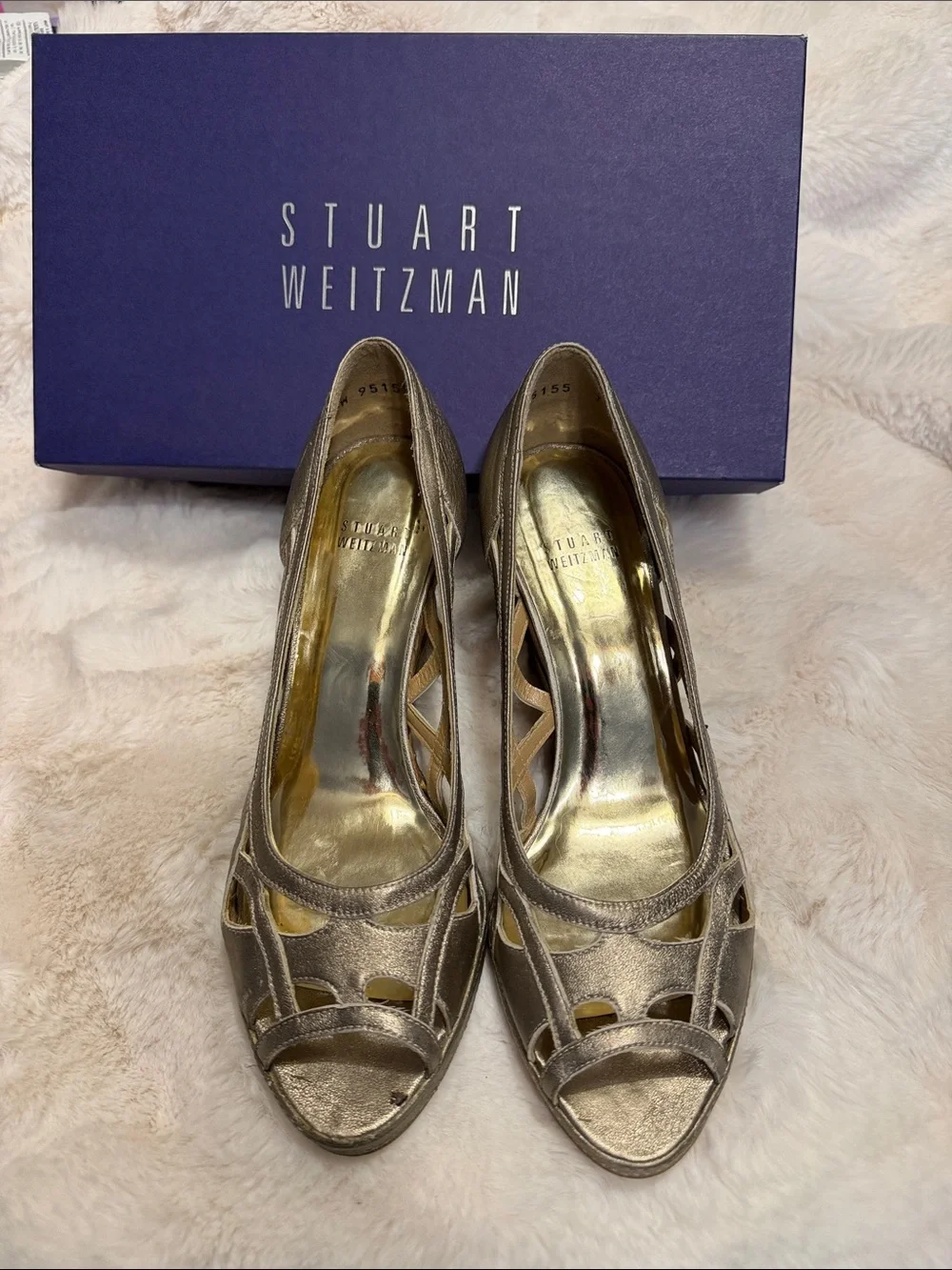 Stuart Weitzman Gold Peep Toe Wedges sz 7